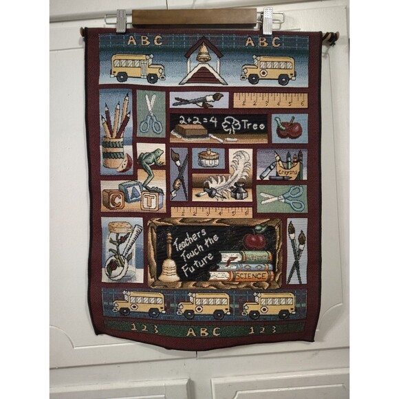 Teacher Tapestry Fabric Wall Hanging Maroon Teaching School Buses Dowel - Picture 1 of 5